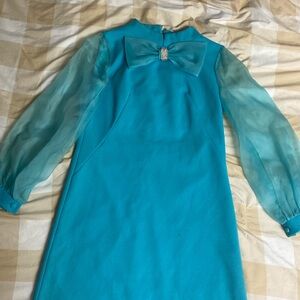 Vintage 60s Blue Bow Puffy Sleeve Dress